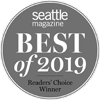 The image is a grey circular badge from Seattle Magazine, stating "Best of 2019 Readers' Choice Winner."