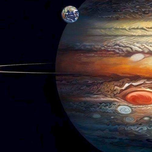 An imaginative depiction of Jupiter with a small Earth nearby, featuring the Great Red Spot and swirling colorful clouds.