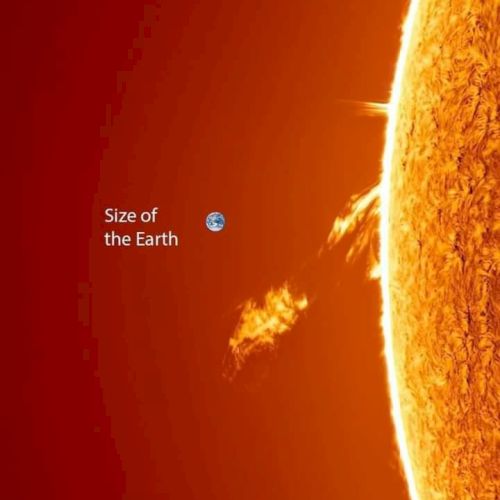 The image shows a section of the sun with solar flares and a comparison of Earth's size.